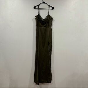 Maniju Green Satin Beaded Detail Cowlneck Gown Large L